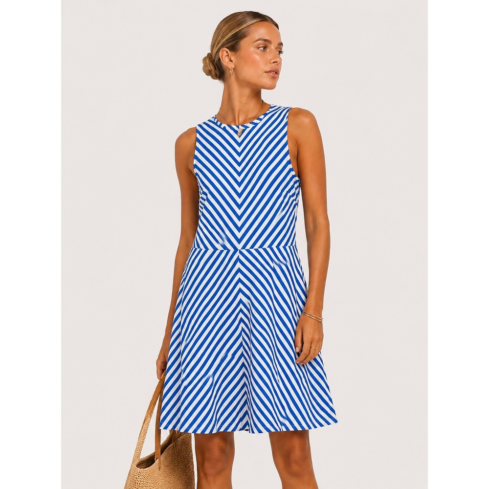 J. McLaughlin Blue White Striped Jersey Fit Flare Costal Resort Timeless Dress S